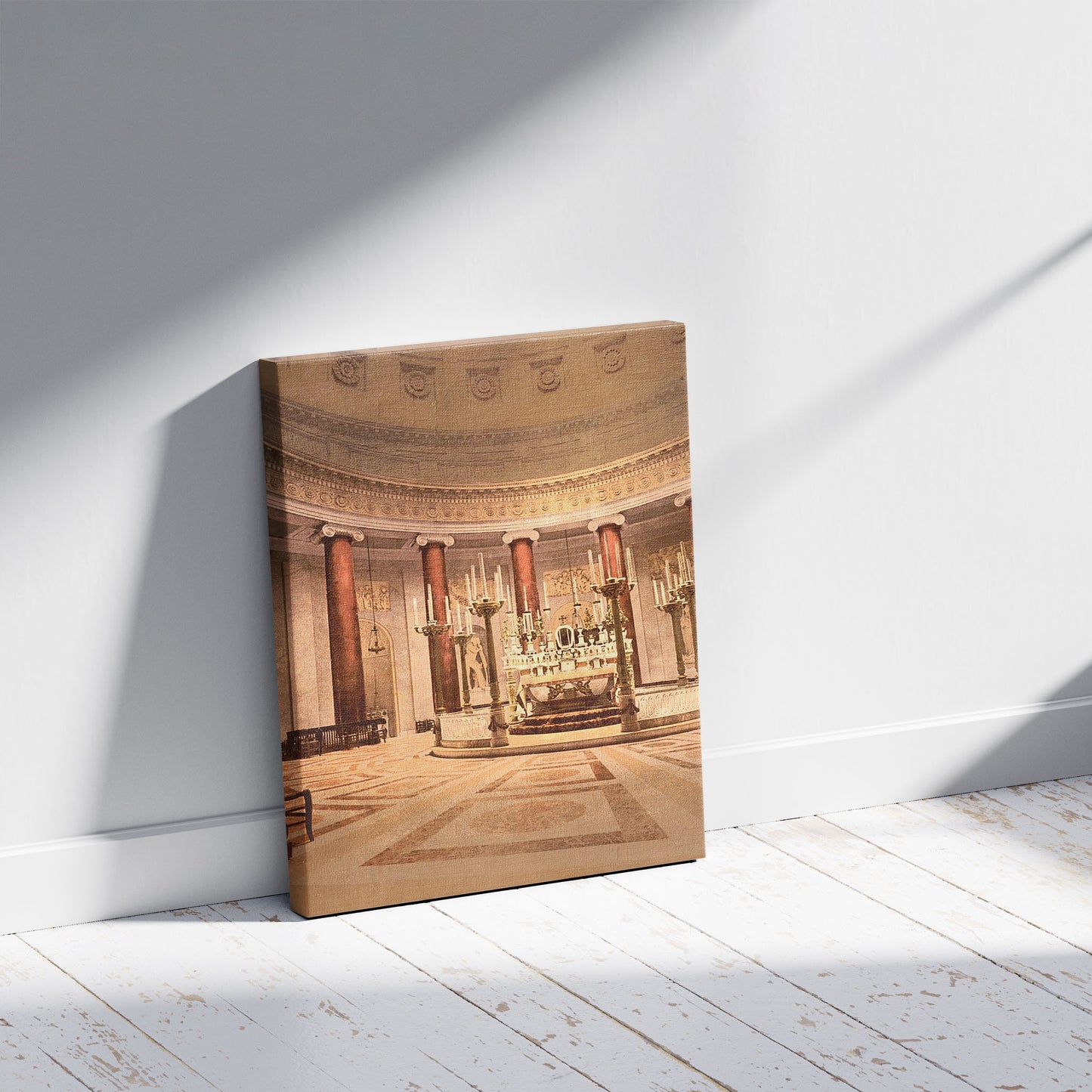 A picture of Interior of the Campo Santo, Genoa, Italy, a mockup of the print leaning against a wall