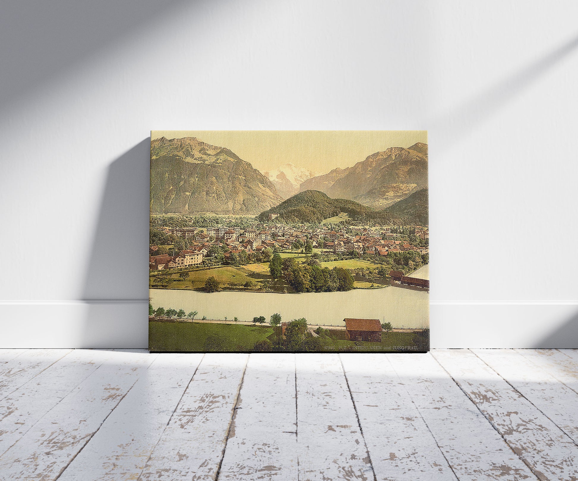 A picture of Interlaken and the Jungfrau, Aare River in foreground, Bernese Oberland, Switzerland