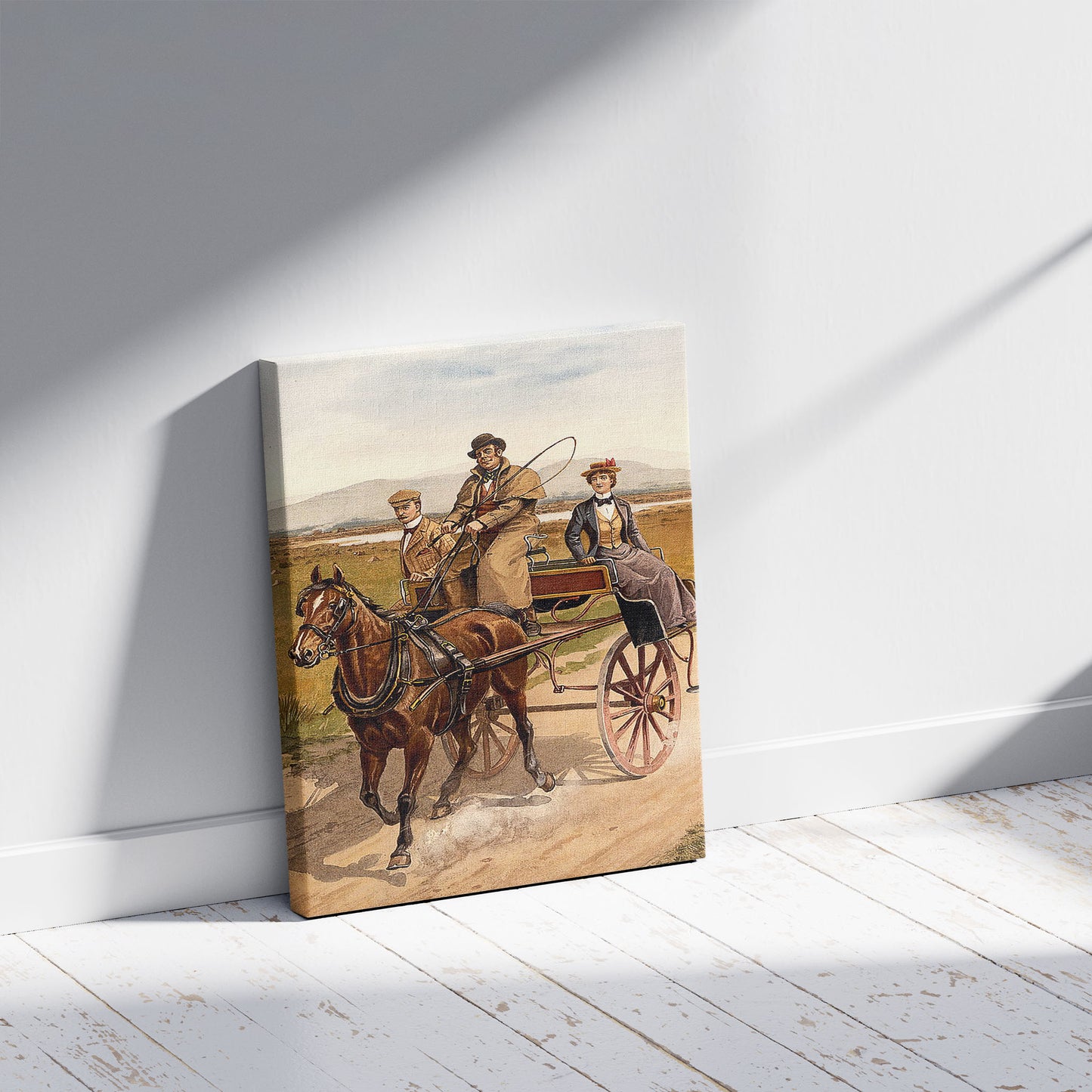 A picture of Irish jaunting car, a mockup of the print leaning against a wall