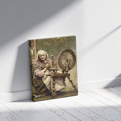 A picture of Irish spinner and spinning wheel. County Galway, Ireland, a mockup of the print leaning against a wall