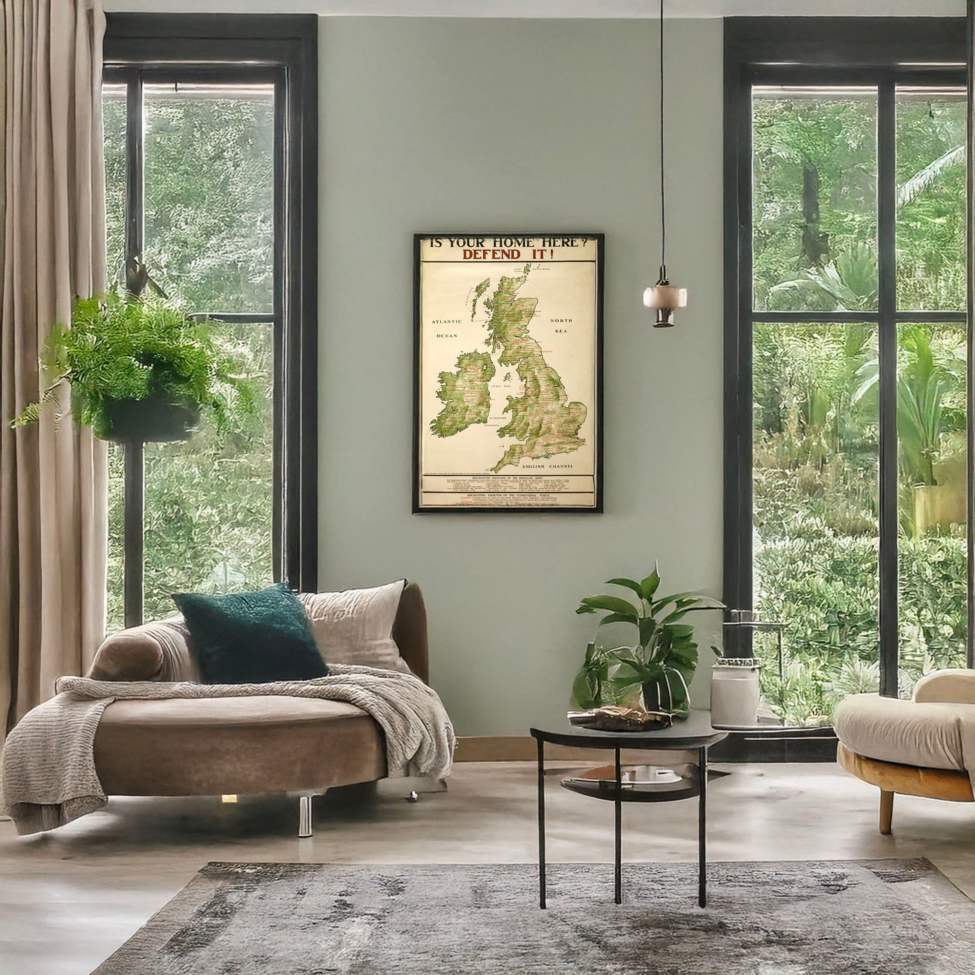 A picture of Is your home here? Defend it!, a mockup of the print leaning against a wall