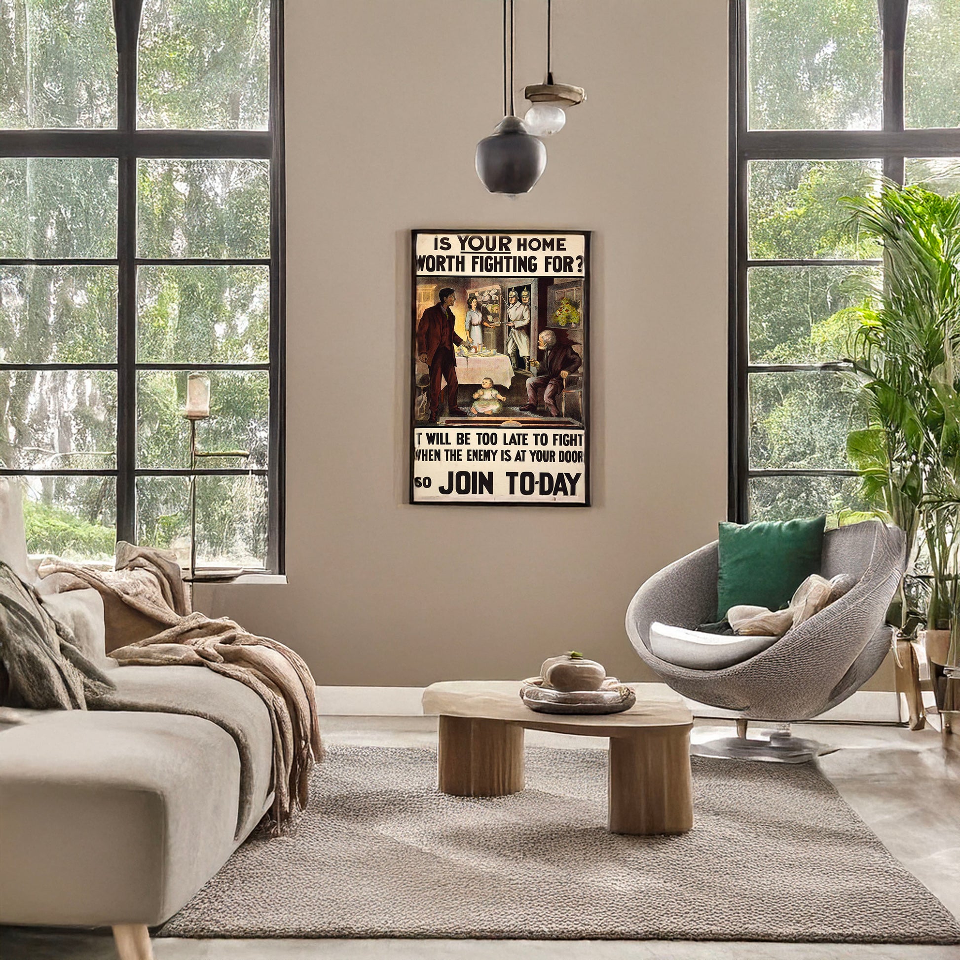 A picture of Is your home worth fighting for? It will be too late to fight when the enemy is at your door, so join to-day, a mockup of the print leaning against a wall
