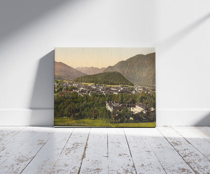 A picture of Ischl, from Dachstein, Upper Austria, Austro-Hungary, a mockup of the print leaning against a wall