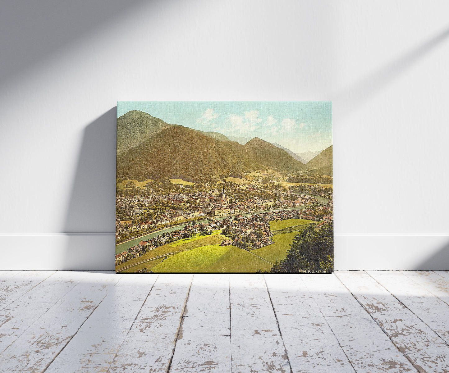 A picture of Ischl, general view, Upper Austria, Austro-Hungary, a mockup of the print leaning against a wall