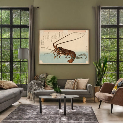 A picture of Ise ebi to shiba ebi, a mockup of the print leaning against a wall