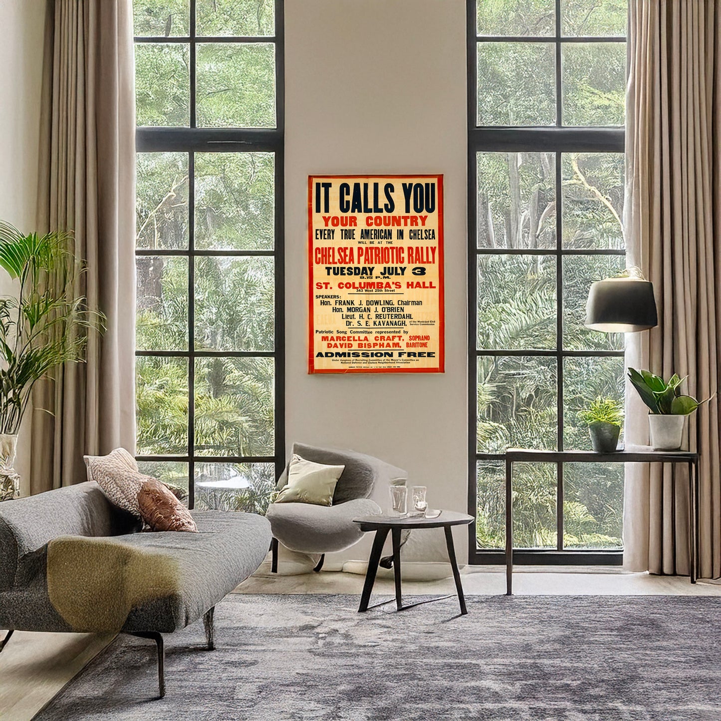 A picture of It calls you--Your country ... Chelsea patriotic rally, a mockup of the print leaning against a wall
