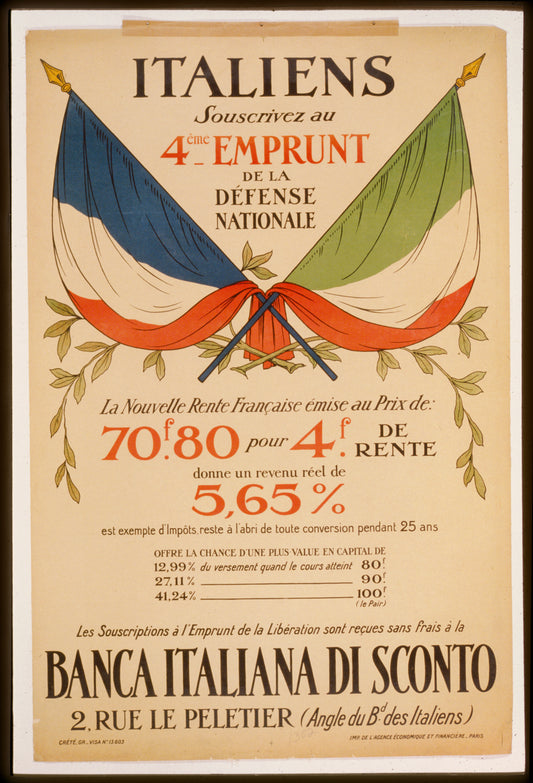 A picture of Italiens souscrivez au 4éme Emprunt de la Défense Nationale - Banca Italiana di Sconto