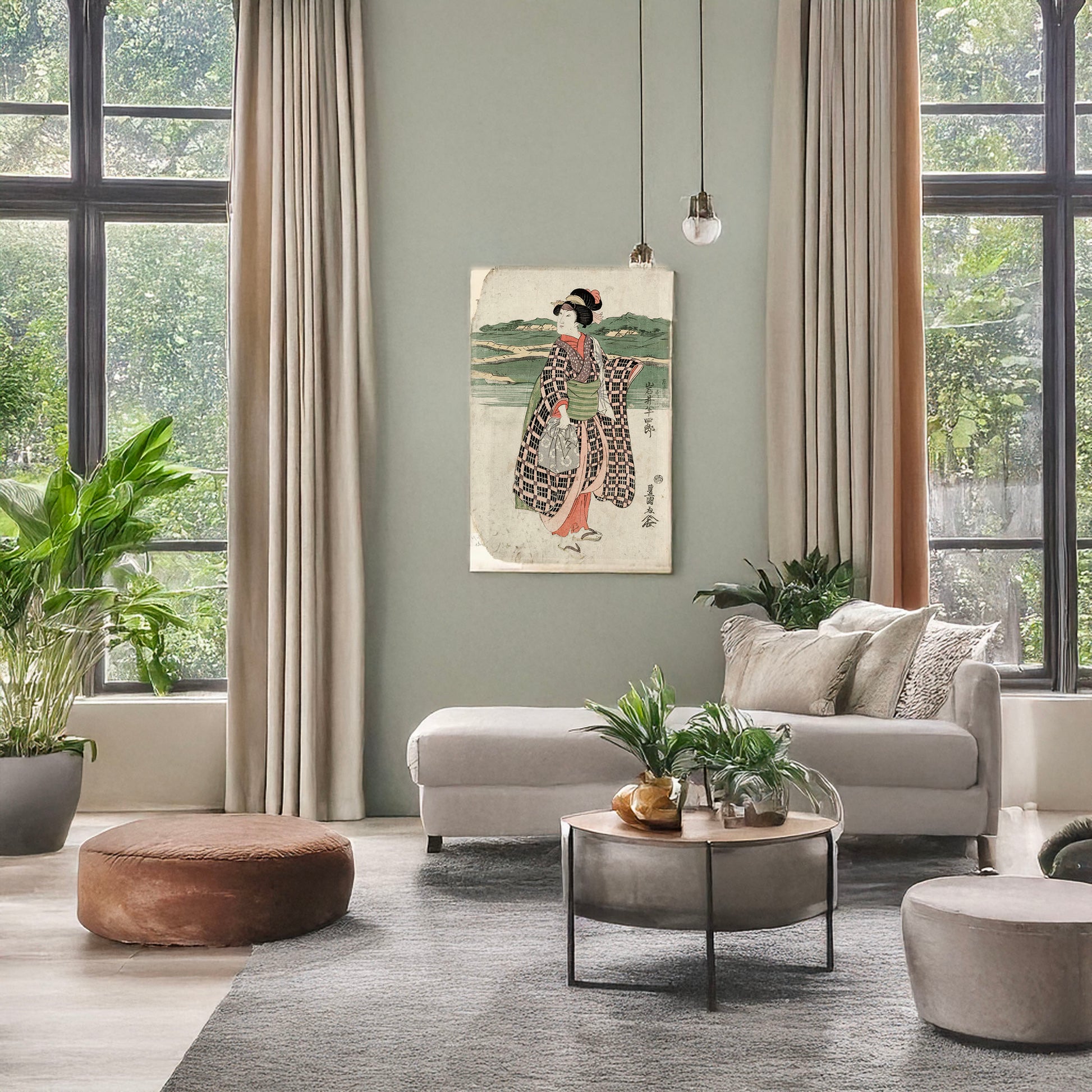 A picture of Iwai Hanshirō no Sagoemon musume Oyone, a mockup of the print leaning against a wall