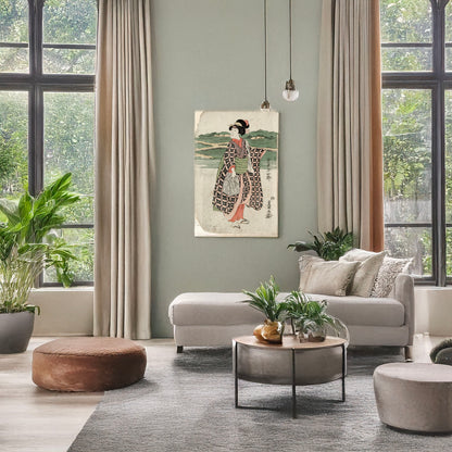 A picture of Iwai Hanshirō no Sagoemon musume Oyone, a mockup of the print leaning against a wall