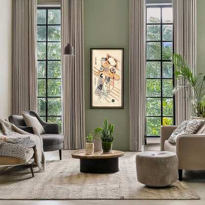 A picture of Iwai sagenta to katsuyama matagorō, a mockup of the print leaning against a wall