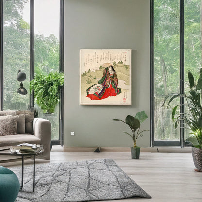 A picture of Iwai Shijaku no Miyahime, a mockup of the print leaning against a wall