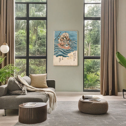 A picture of Iwai shijyaku no mukan no tayū atsumori, a mockup of the print leaning against a wall