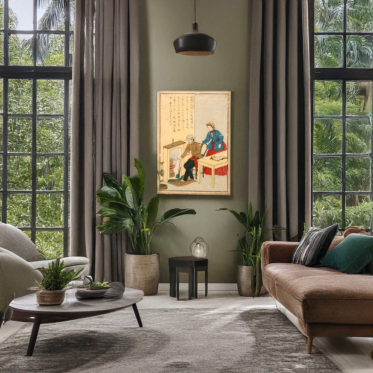 A picture of James Watt, inventor of the steam engine, a mockup of the print leaning against a wall