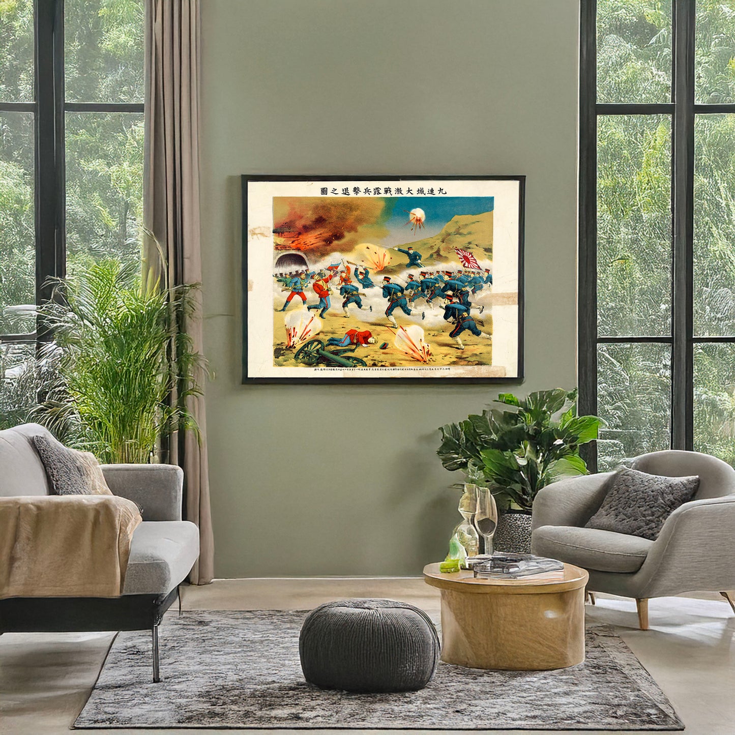 A picture of Japanese and Russian soldiers in fierce battle at Chiu-tien-Ch'eng, Manchuria (the battle of Yalu River), a mockup of the print leaning against a wall
