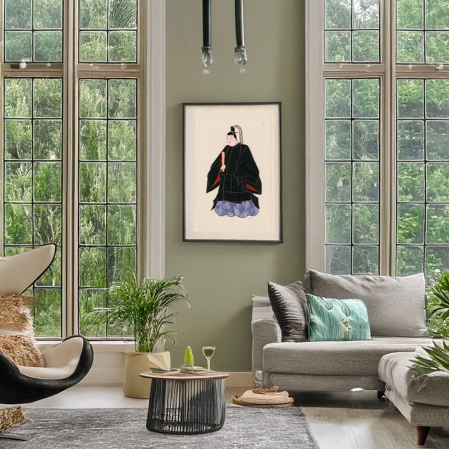 A picture of Japanese man, full-length, standing, facing left, wearing minister's robe over kimono, a mockup of the print leaning against a wall