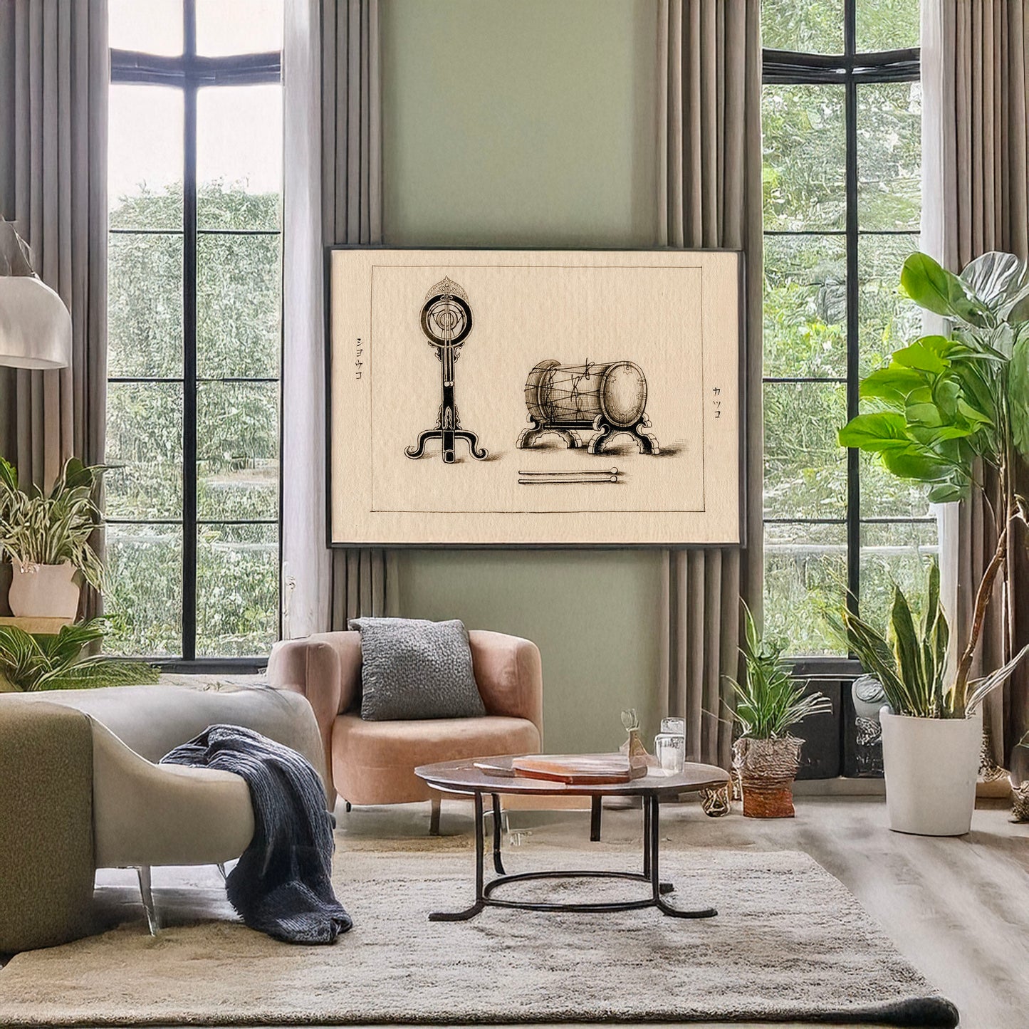 A picture of Japanese tsuri-daiko and taiko (drum), a mockup of the print leaning against a wall