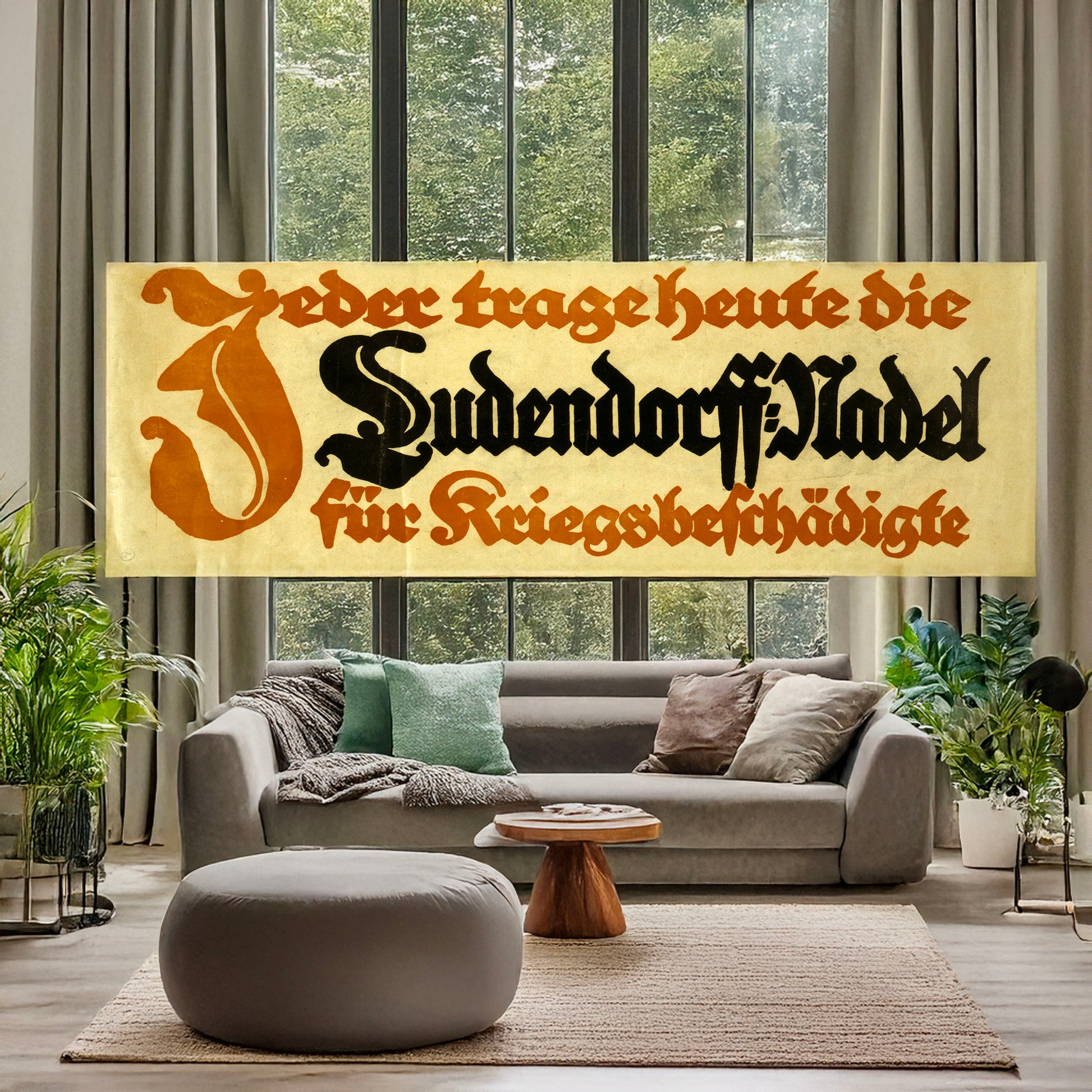 A picture of Jeder trage heute die Ludendorff-Nadel für Kriegsbeschädigte, a mockup of the print leaning against a wall