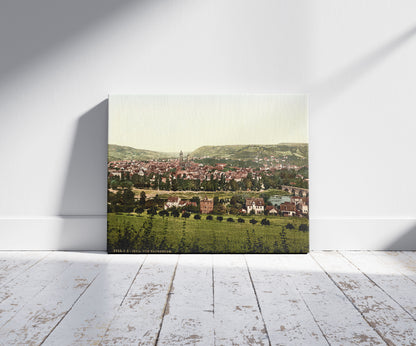 A picture of Jena, from Hansberge (i.e, Hausberge), Thuringia, Germany, a mockup of the print leaning against a wall