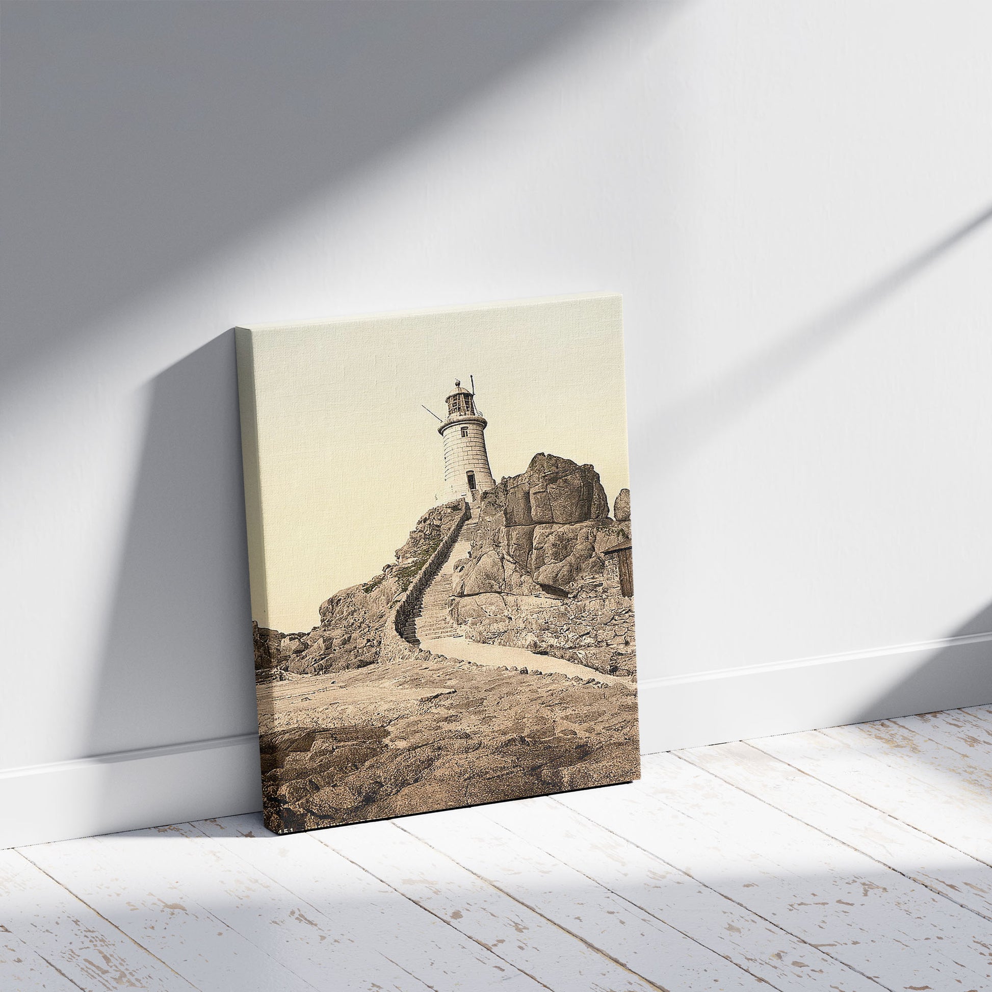 A picture of Jersey, Corbiere Lighthouse, III, Channel Islands, a mockup of the print leaning against a wall