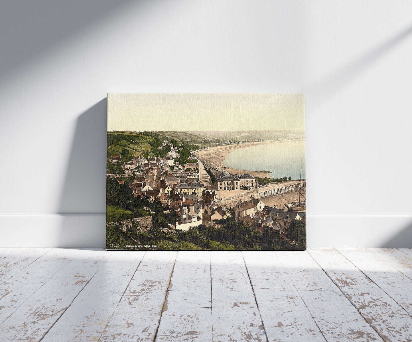 A picture of Jersey, Saint Aubins, Channel Islands, a mockup of the print leaning against a wall