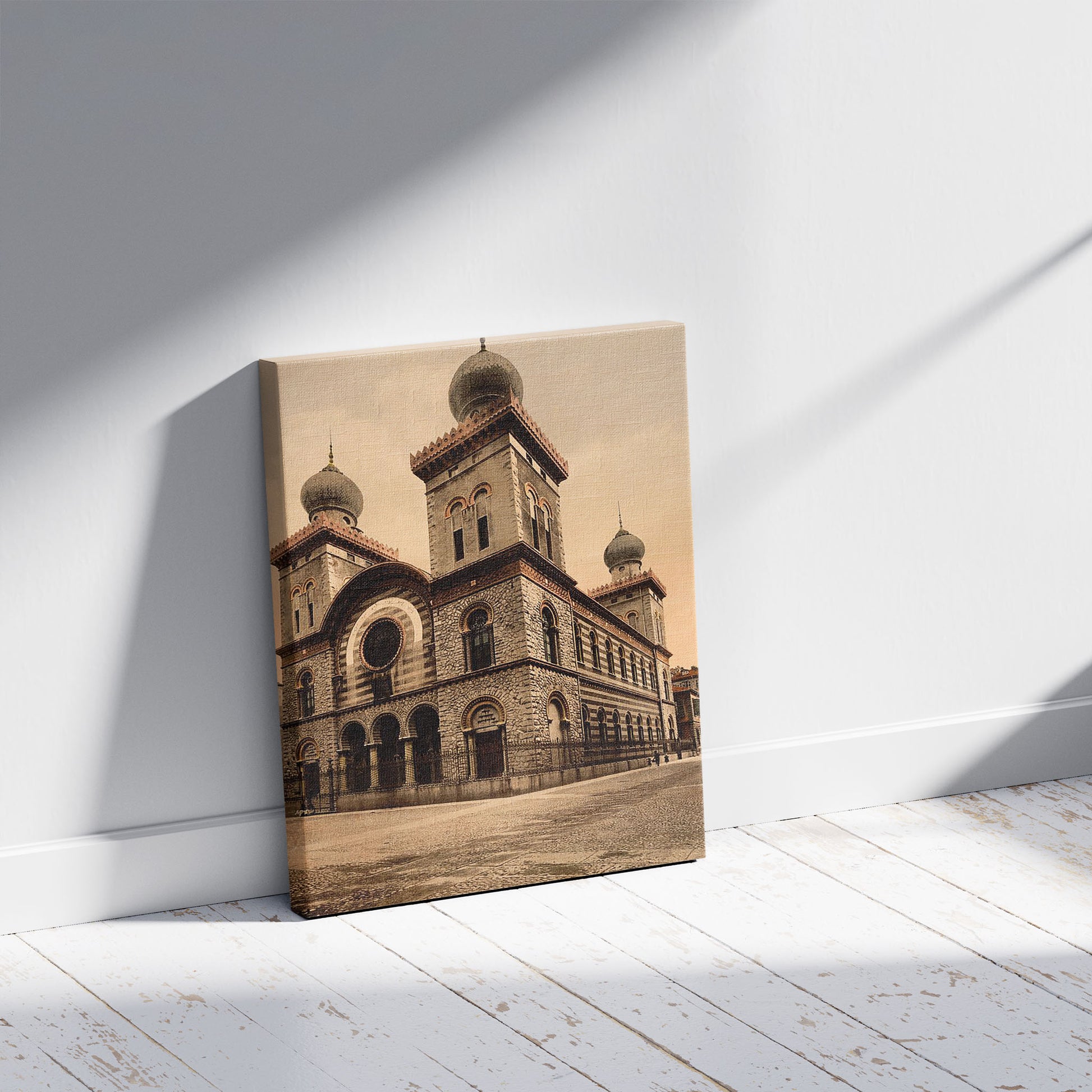 A picture of Jewish temple, Turin, Italy, a mockup of the print leaning against a wall