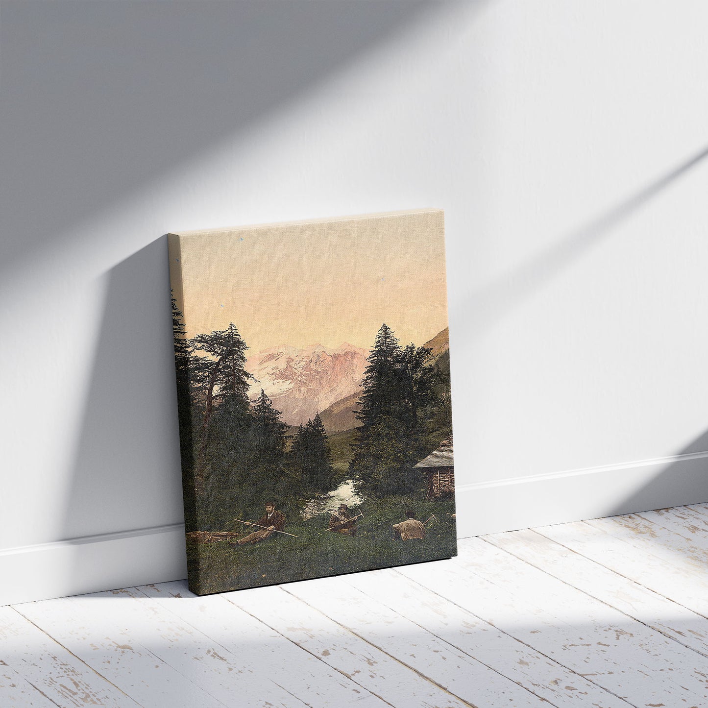 A picture of Jochpass and Wetterhorn, Unterwald, Switzerland, a mockup of the print leaning against a wall