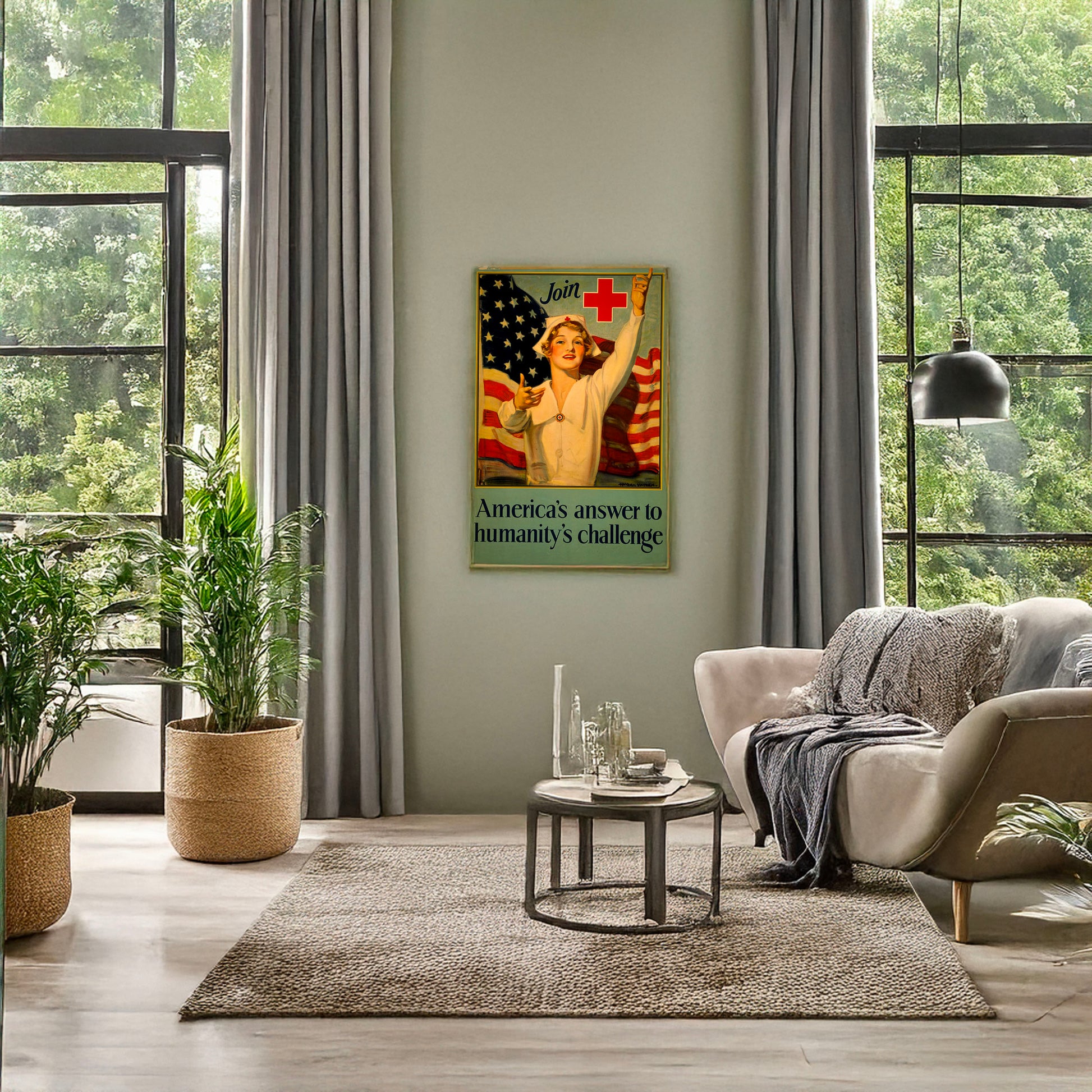 A picture of Join Red Cross symbol - America's answer to humanity's challenge, a mockup of the print leaning against a wall
