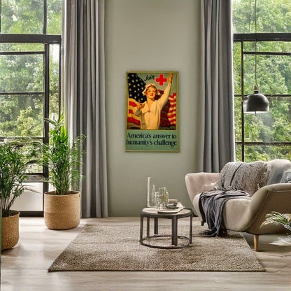 A picture of Join Red Cross symbol - America's answer to humanity's challenge, a mockup of the print leaning against a wall