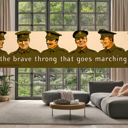 A picture of Join the brave throng that goes marching along, a mockup of the print leaning against a wall