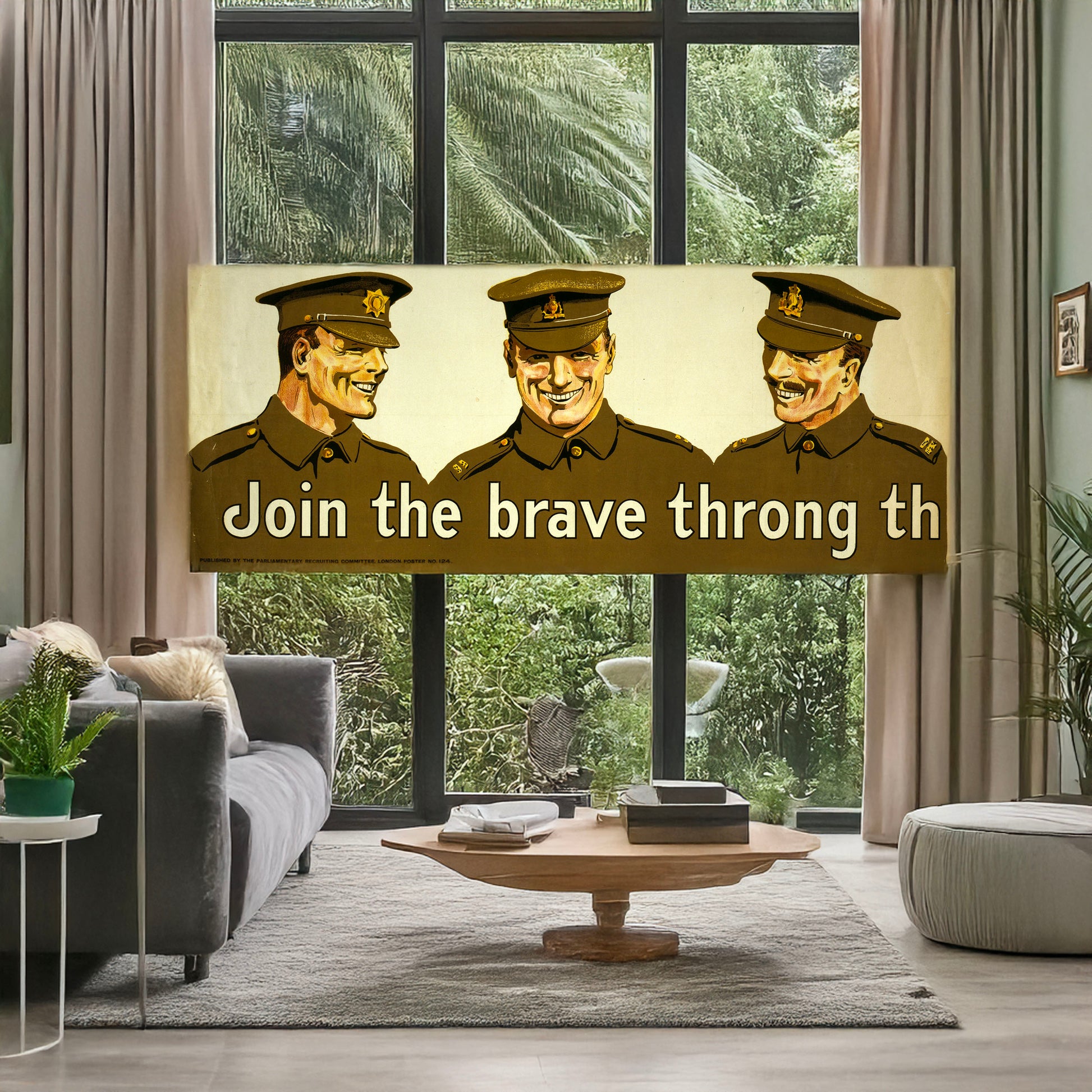 A picture of Join the brave throng that goes marching along, a mockup of the print leaning against a wall