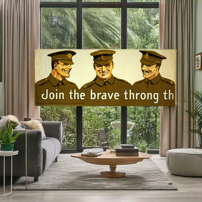 A picture of Join the brave throng that goes marching along, a mockup of the print leaning against a wall