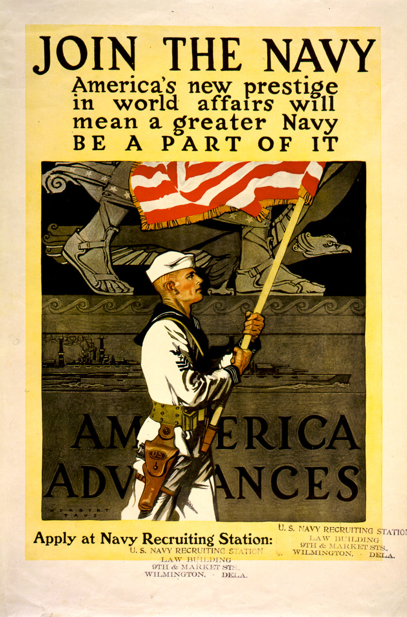 A picture of Join the Navy; America's new prestige in world affairs will mean a greater Navy. Be a part of it. America advances