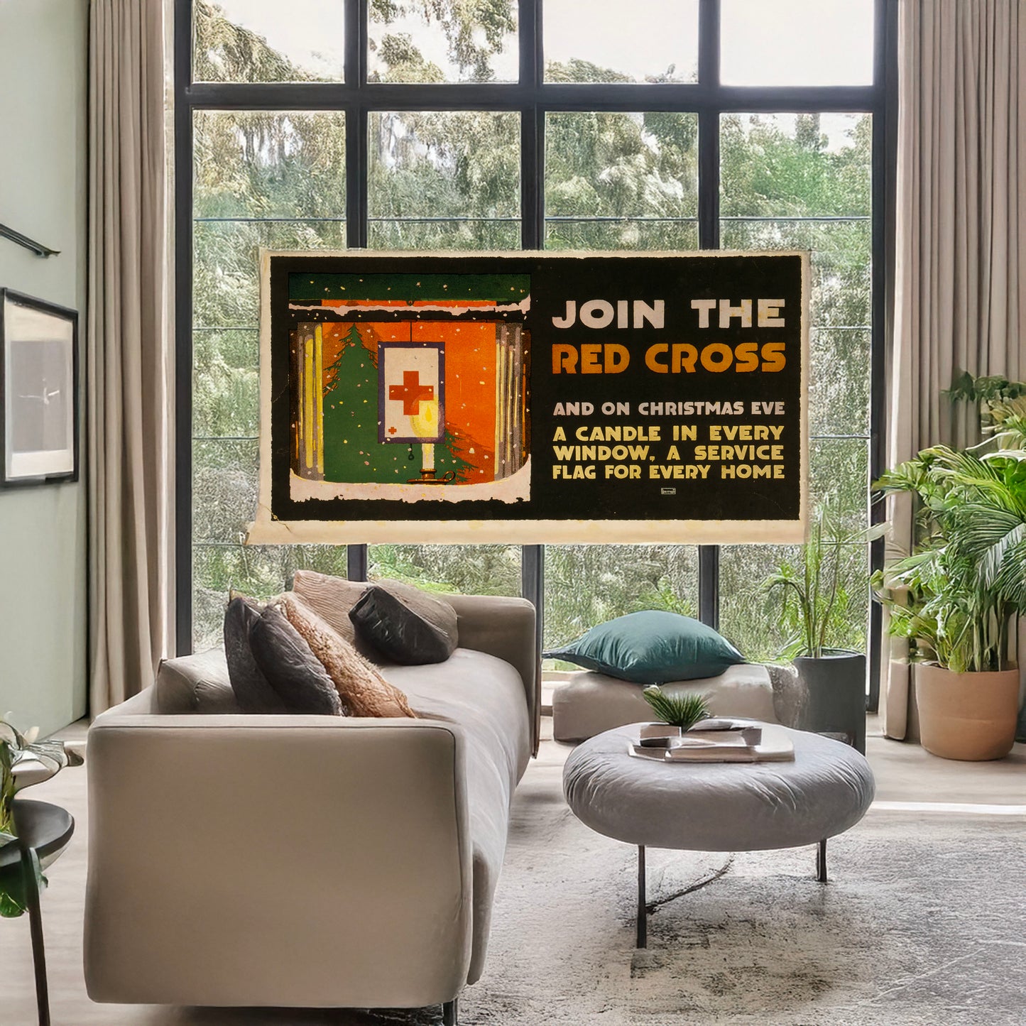 A picture of Join the Red Cross and on Christmas eve a candle in every window, a service flag for every home, a mockup of the print leaning against a wall