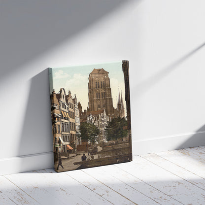 A picture of Jopengasse, Danzig, West Prussia, Germany (i.e., Gdańsk, Poland), a mockup of the print leaning against a wall