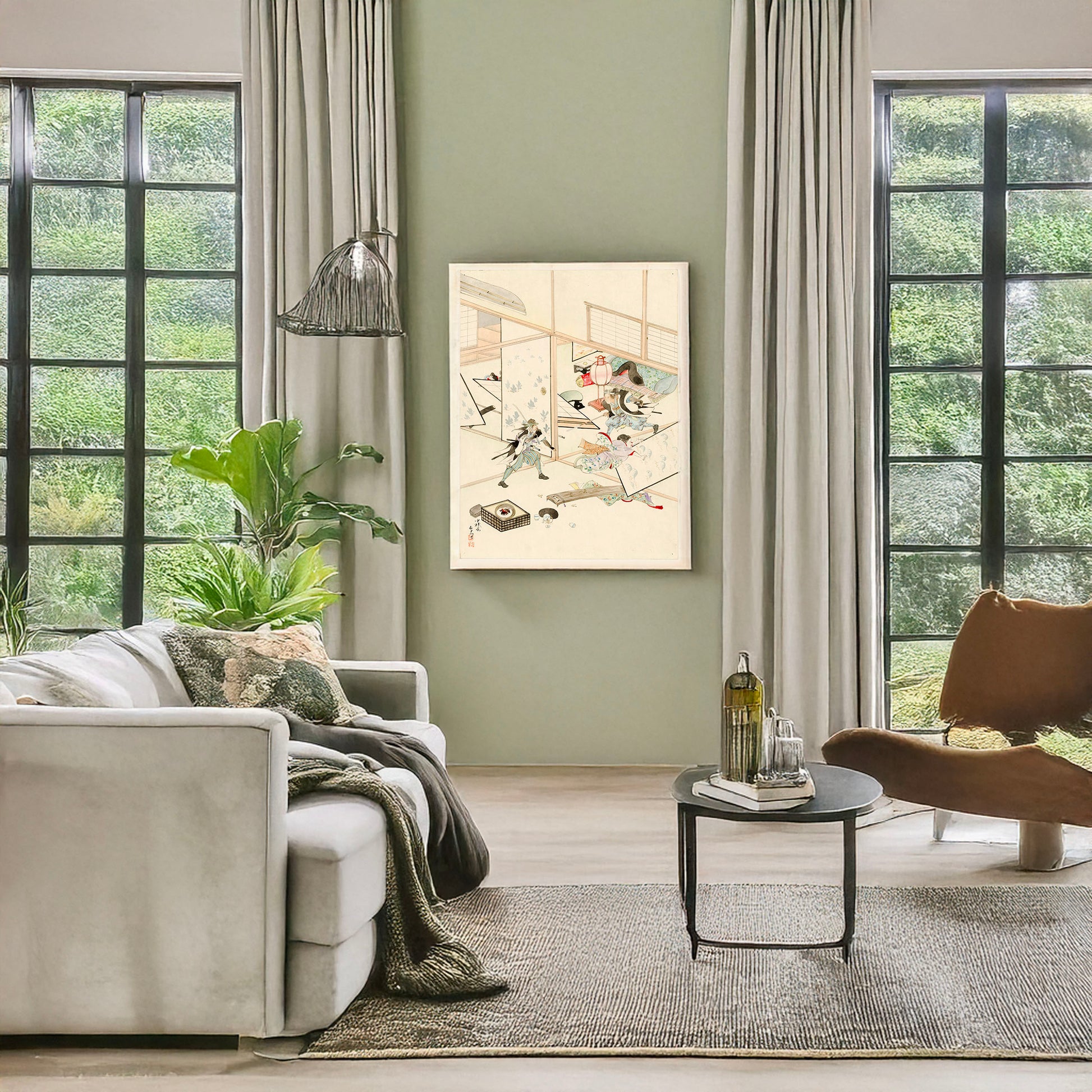 A picture of Jūichidanme - act eleven of the Chūshingura - searching the house, a mockup of the print leaning against a wall
