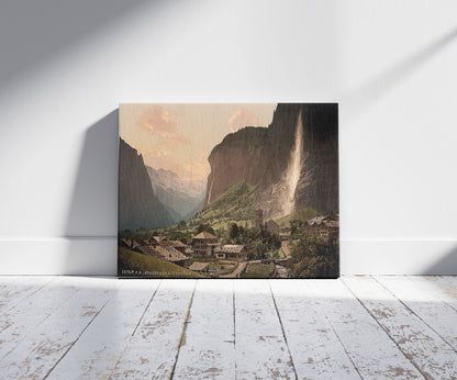 A picture of Jungfrau and Staubbach, Bernese Oberland, Switzerland, a mockup of the print leaning against a wall