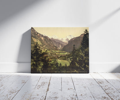 A picture of Jungfrau, Monch and Eiger Mountains, Bernese Oberland, Switzerland, a mockup of the print leaning against a wall