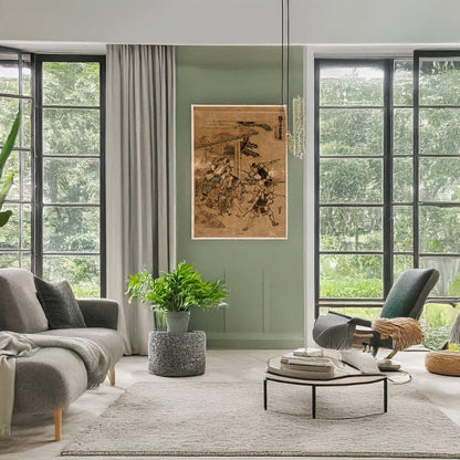 A picture of Jūnidanme, a mockup of the print leaning against a wall
