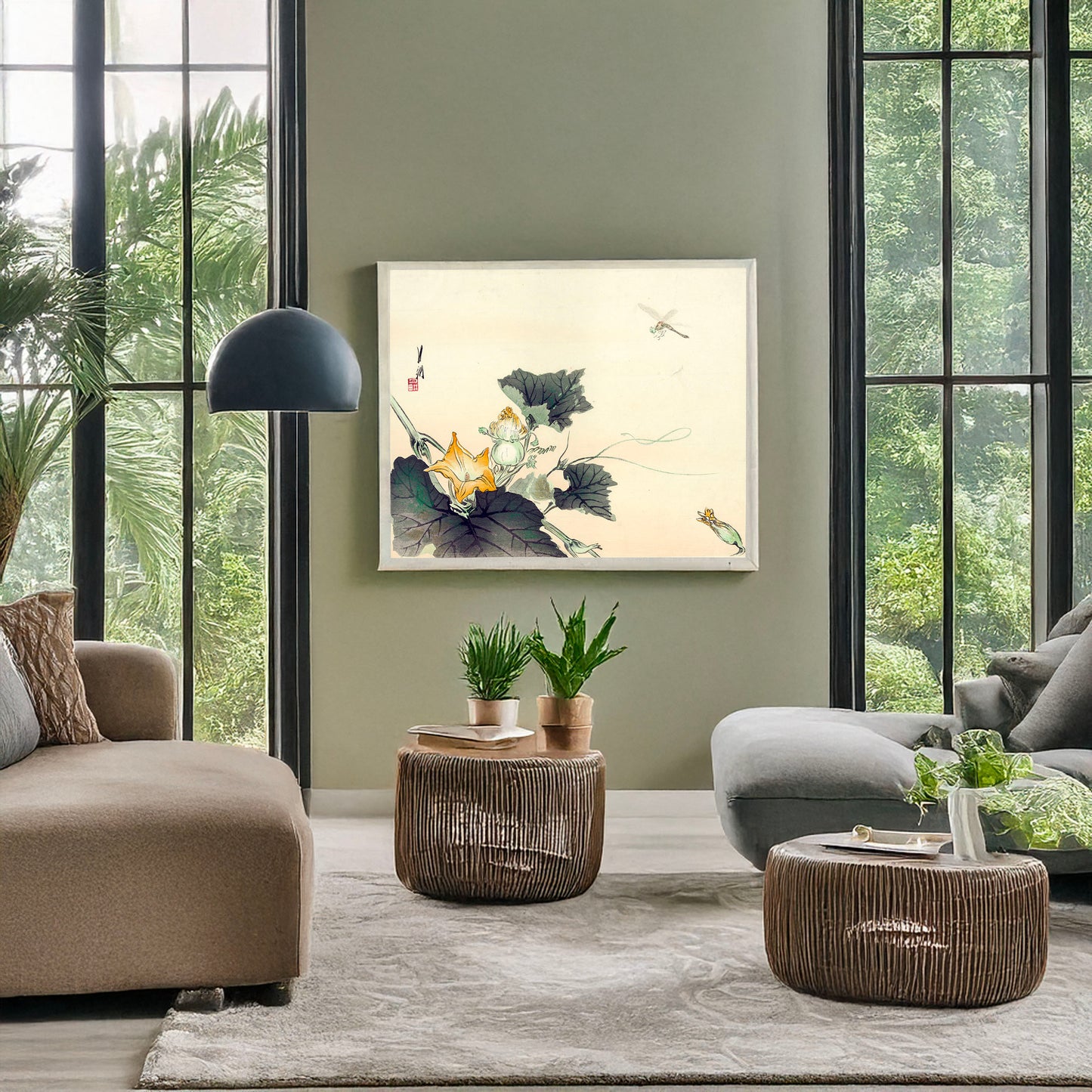 A picture of Kabocha ni tonbou, a mockup of the print leaning against a wall