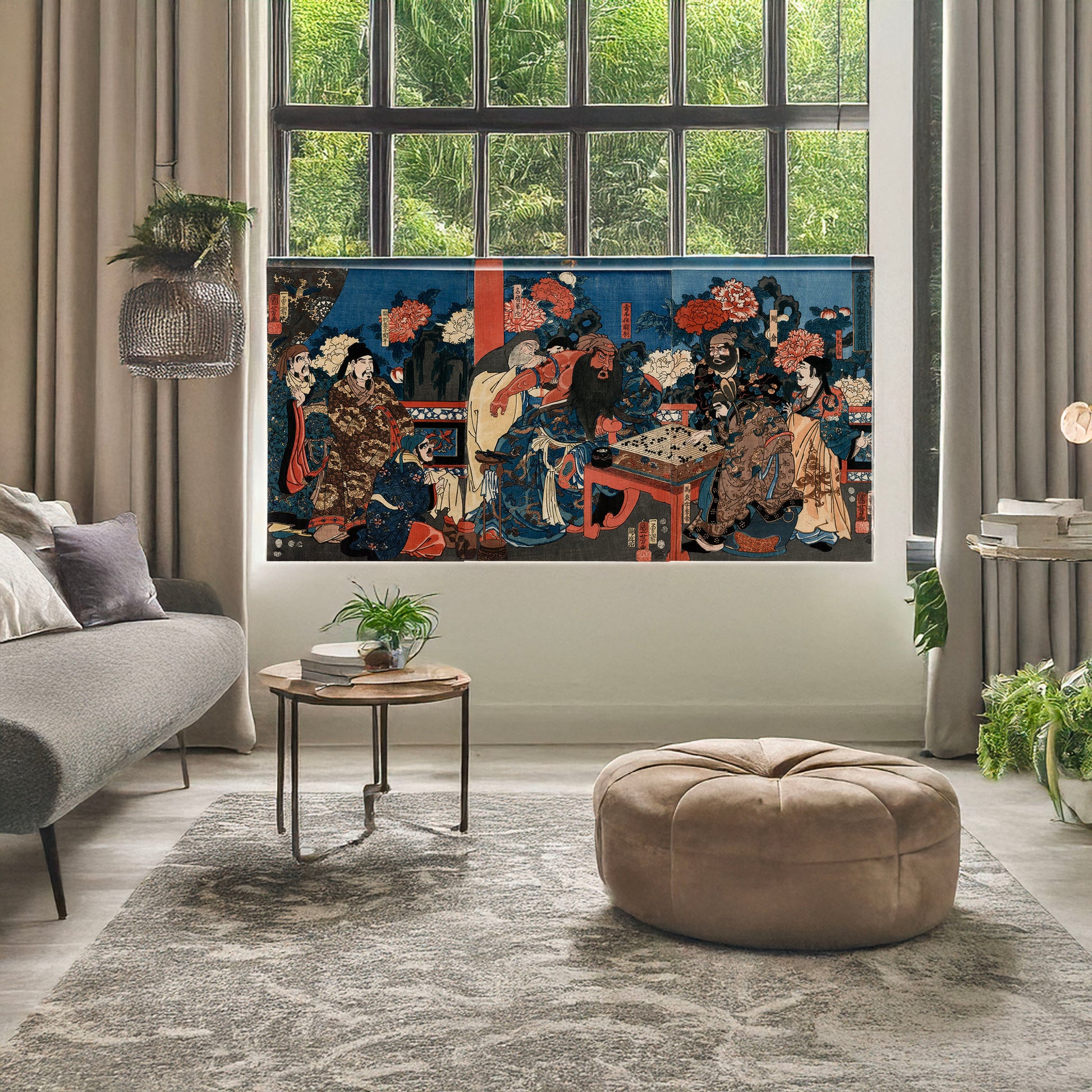 A picture of Kada hone o kezurite kan'u yakizu o ryōji suru zu, a mockup of the print leaning against a wall