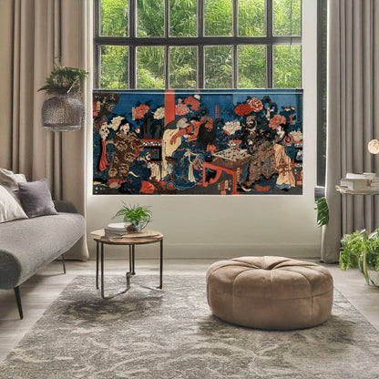 A picture of Kada hone o kezurite kan'u yakizu o ryōji suru zu, a mockup of the print leaning against a wall