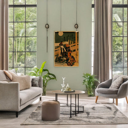 A picture of Kadoebiyau chi azumaji, a mockup of the print leaning against a wall