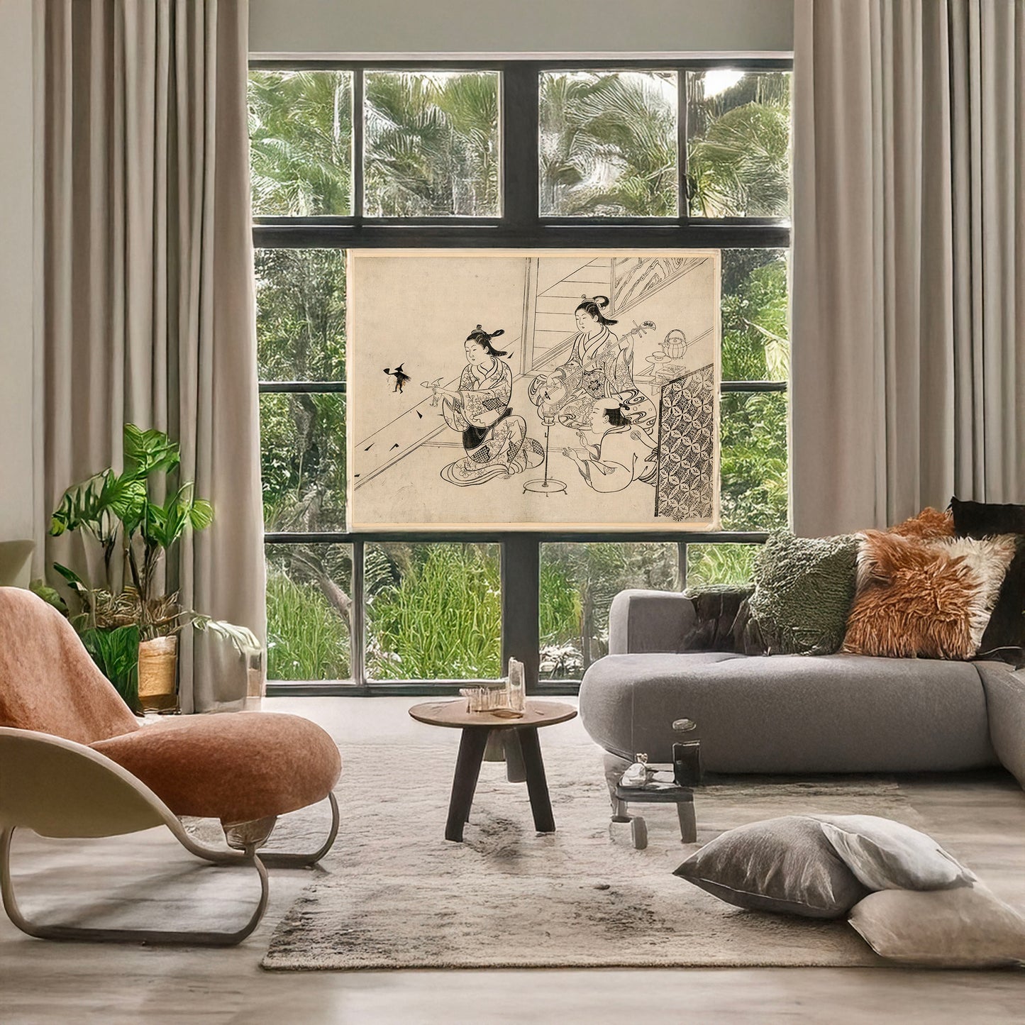 A picture of Kage e, a mockup of the print leaning against a wall