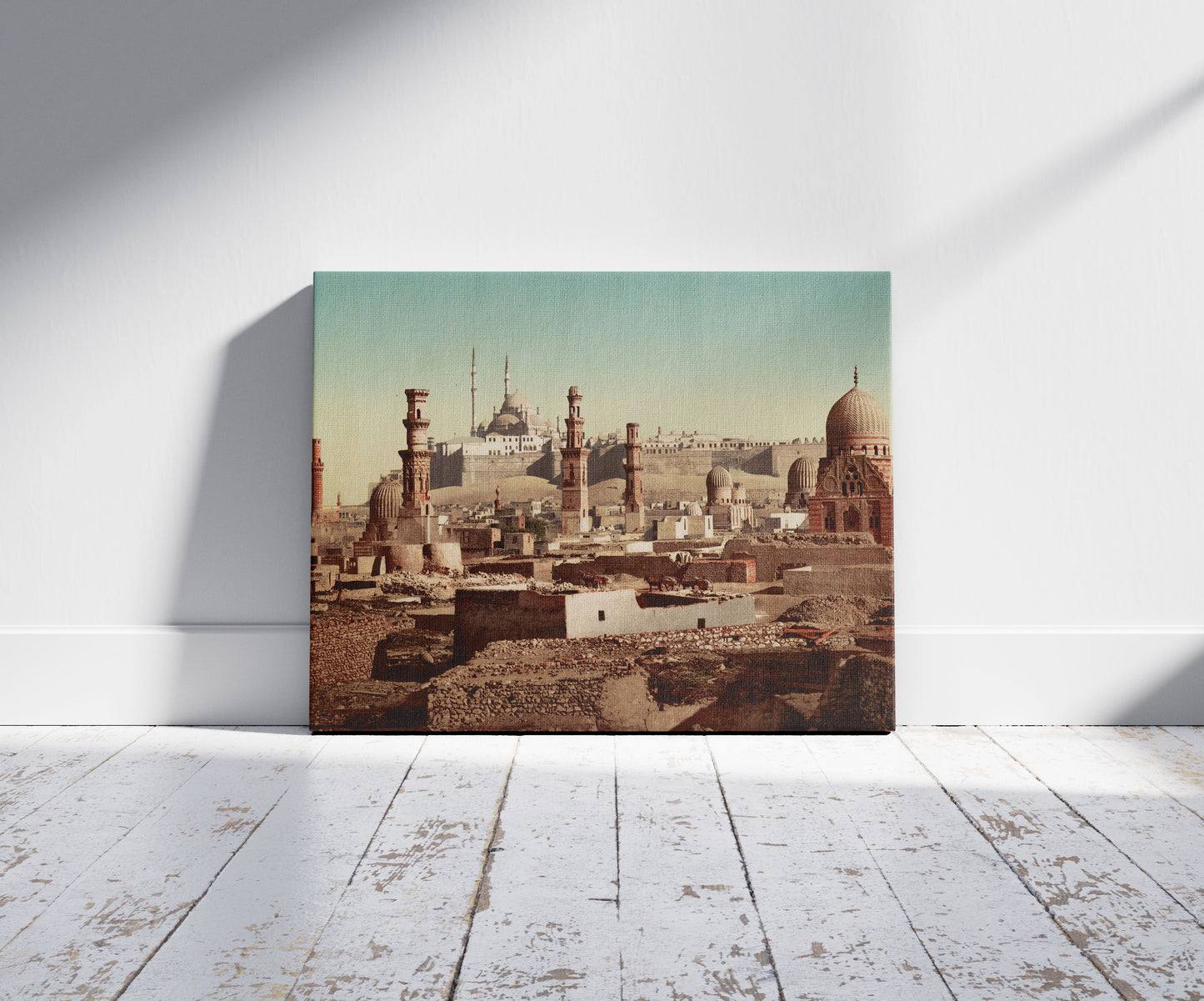 A picture of Kairo, les tombeaux des Mameluks, a mockup of the print leaning against a wall