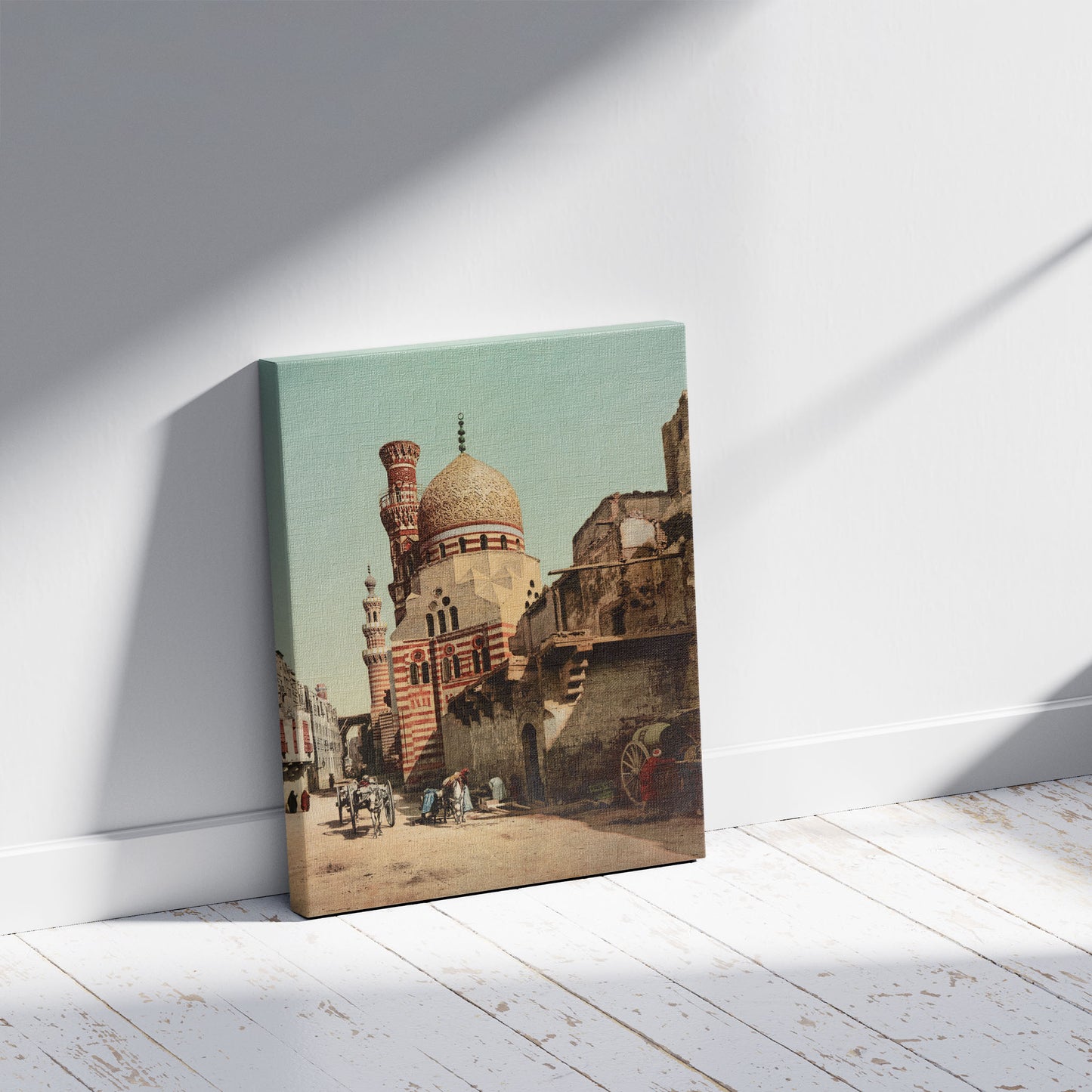 A picture of Kairo, Mosquée, Rue de la Citadelle, N. II, a mockup of the print leaning against a wall