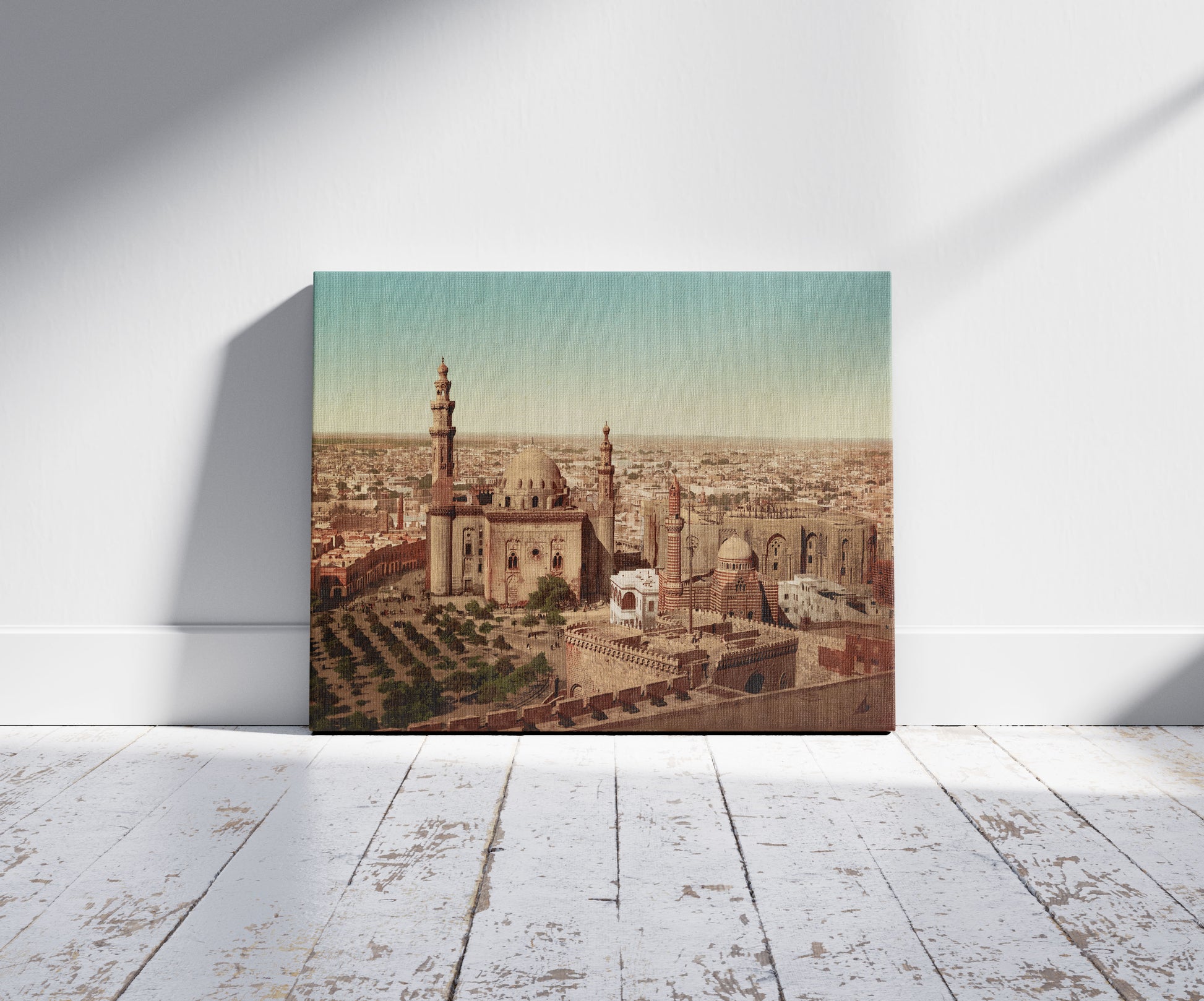 A picture of Kairo, Mosquée Sultan Hassan, a mockup of the print leaning against a wall