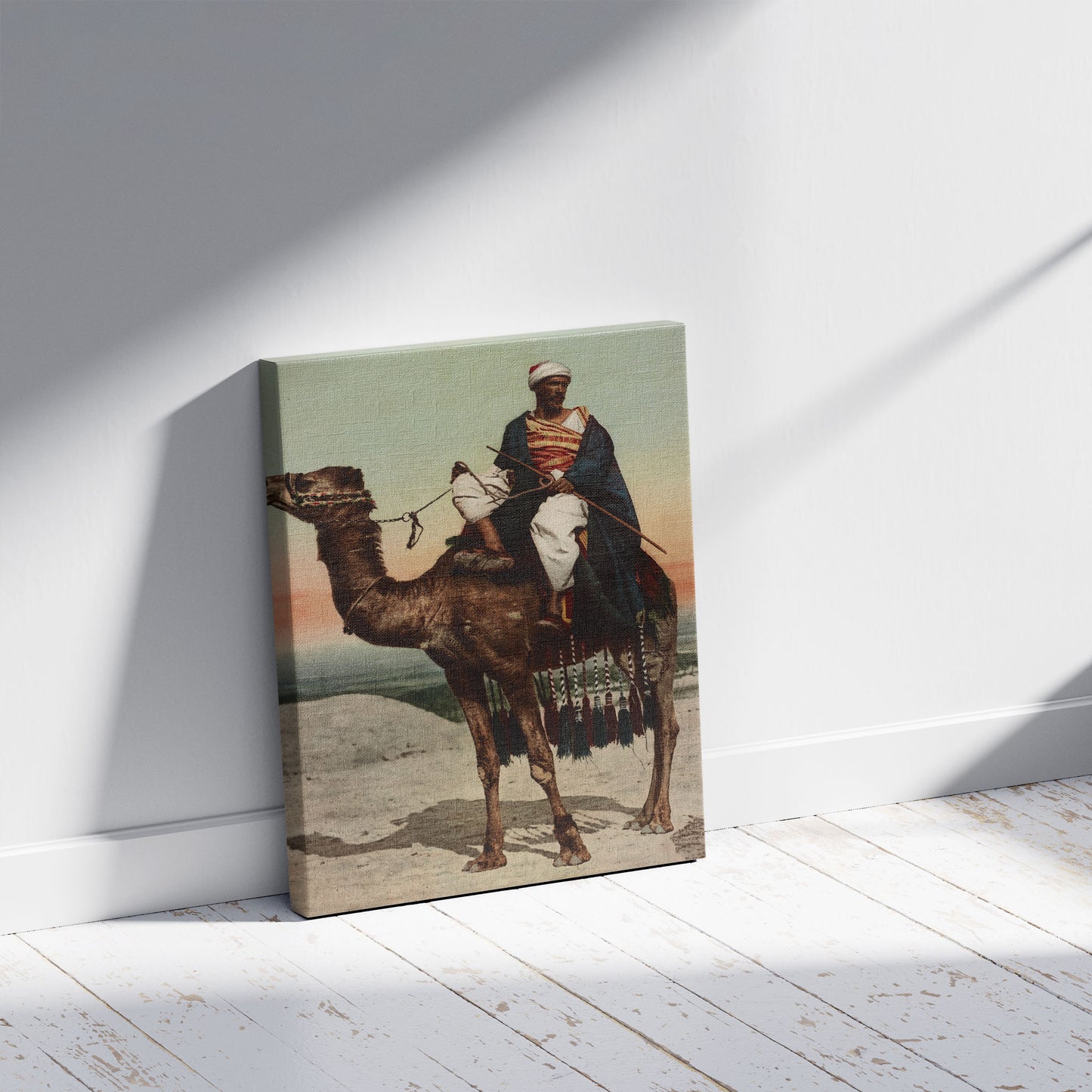 A picture of Kairo, un Bédouin, a mockup of the print leaning against a wall