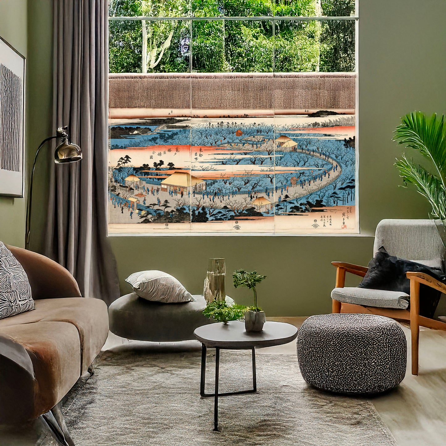 A picture of Kameido umeyashiki zenzu, a mockup of the print leaning against a wall