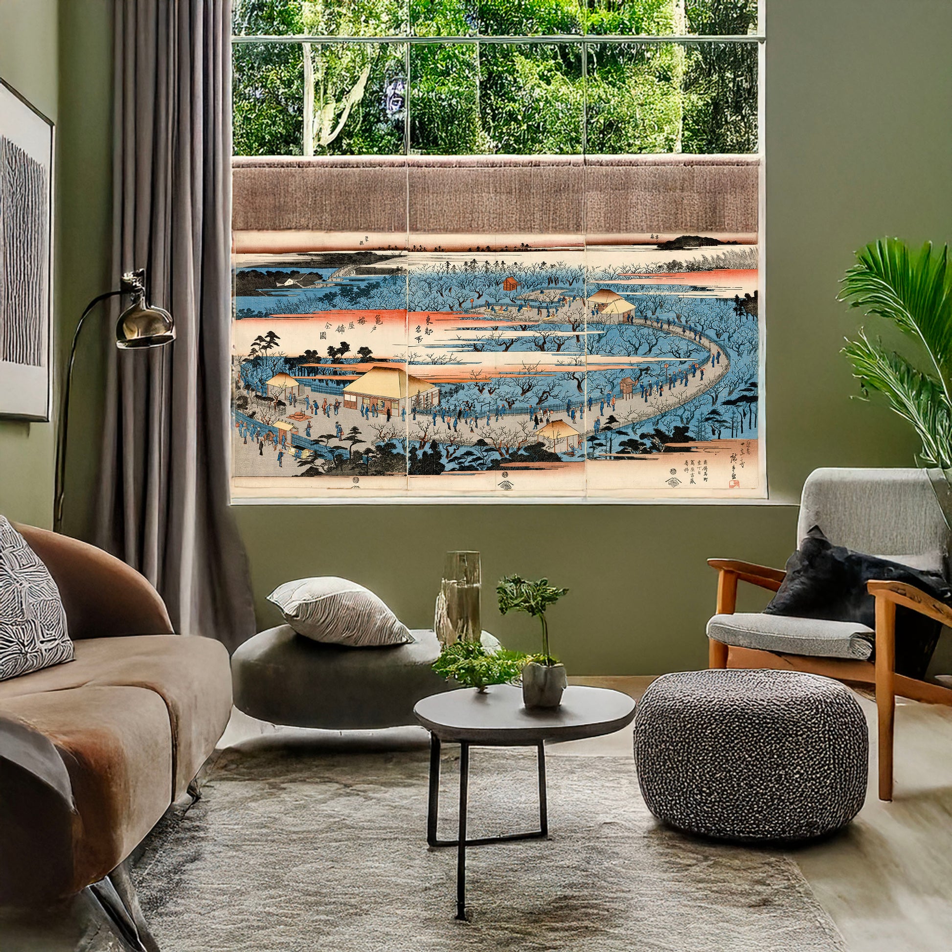A picture of Kameido umeyashiki zenzu, a mockup of the print leaning against a wall