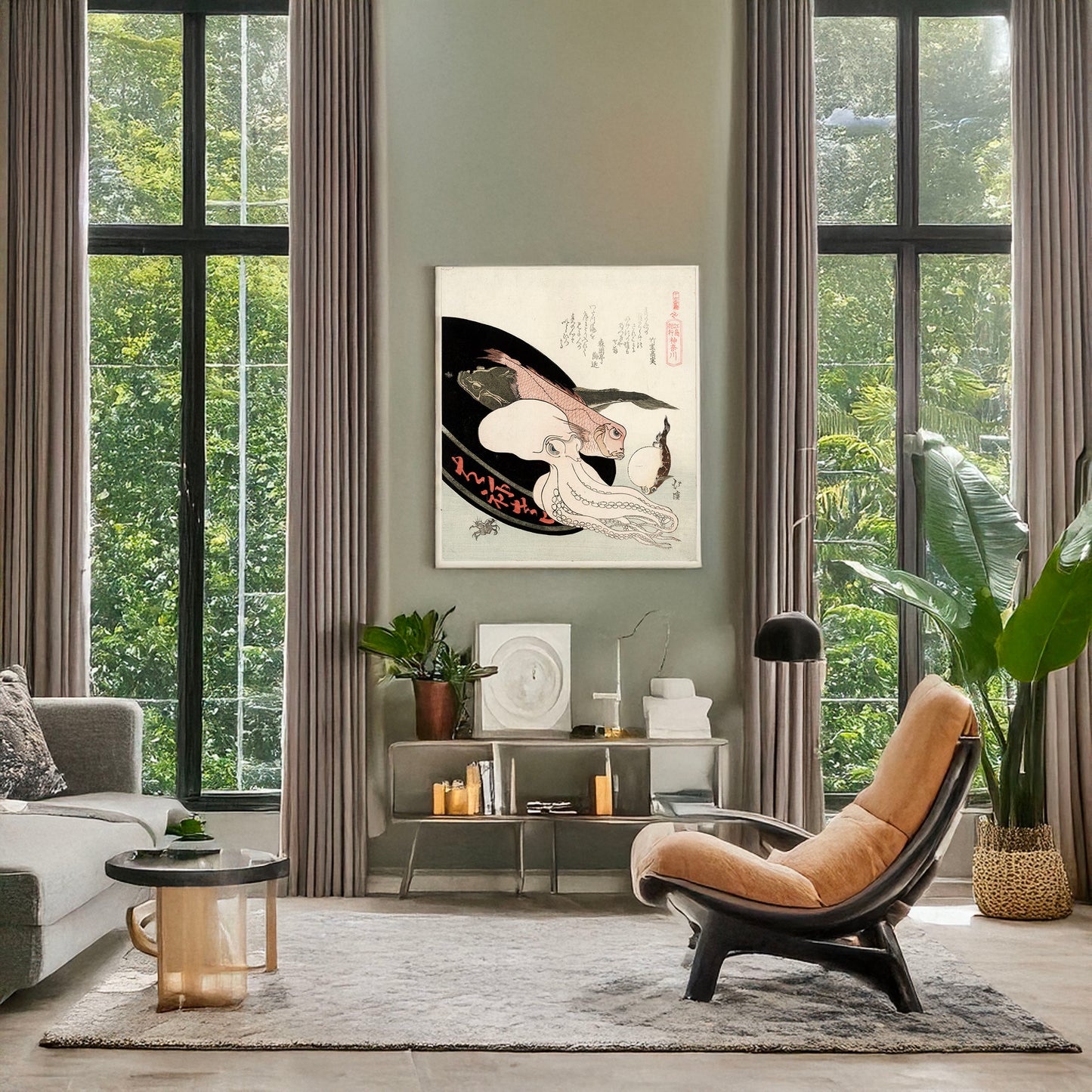 A picture of Kanagawa, a mockup of the print leaning against a wall